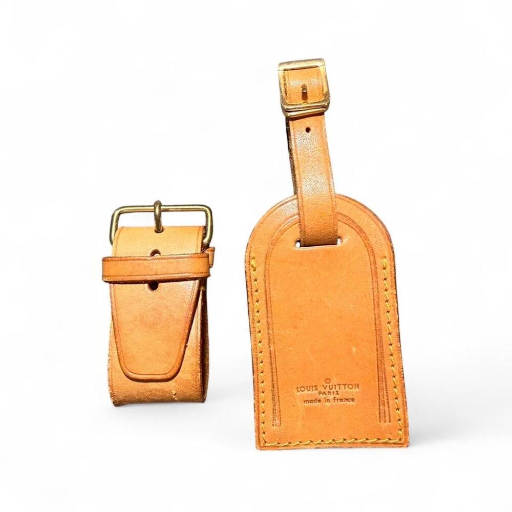 Authentic Louis Vuitton Vachetta Leather Luggage Tag Strap Set Made France